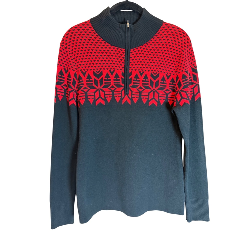 Krimson Klover Womens Red Black Fair Isle Snowflake Quarter Zip Wool Sweater M